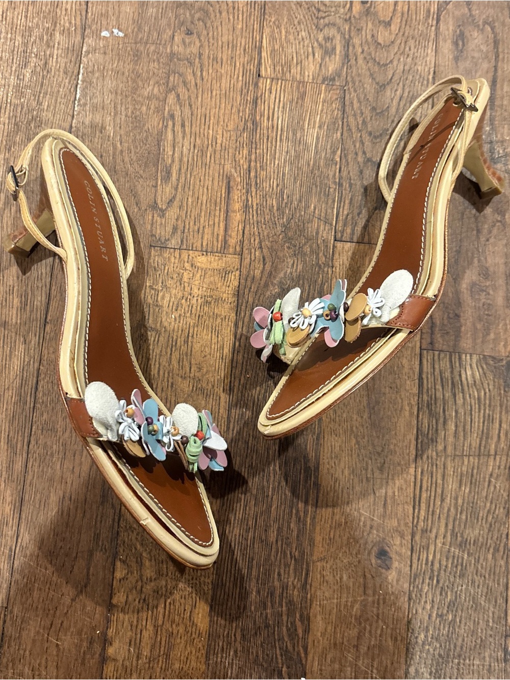 Vintage Colin Stuart Tan Slingback Heels with Pastel Floral Accents